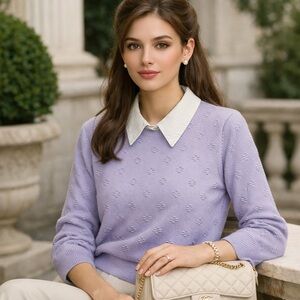 CABLE & GAUGE Lightweight 3/4 Sleeves Dickie Collared Sweater XL in Lavender